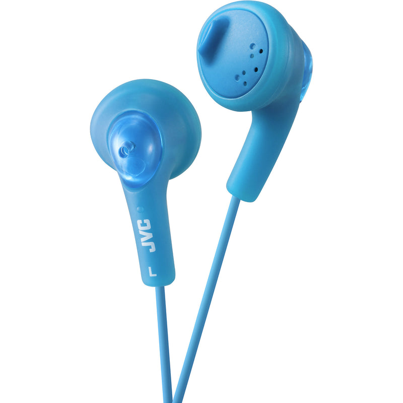 Sky blue JVC Gumy earphones showing both earbuds with oval-shaped design and tangle-resistant cord