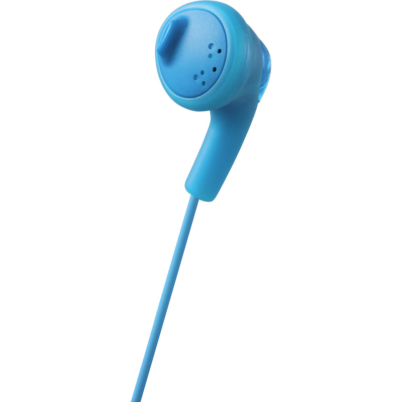 Close-up view of single blue JVC Gumy earbud showing ergonomic design and sound ports