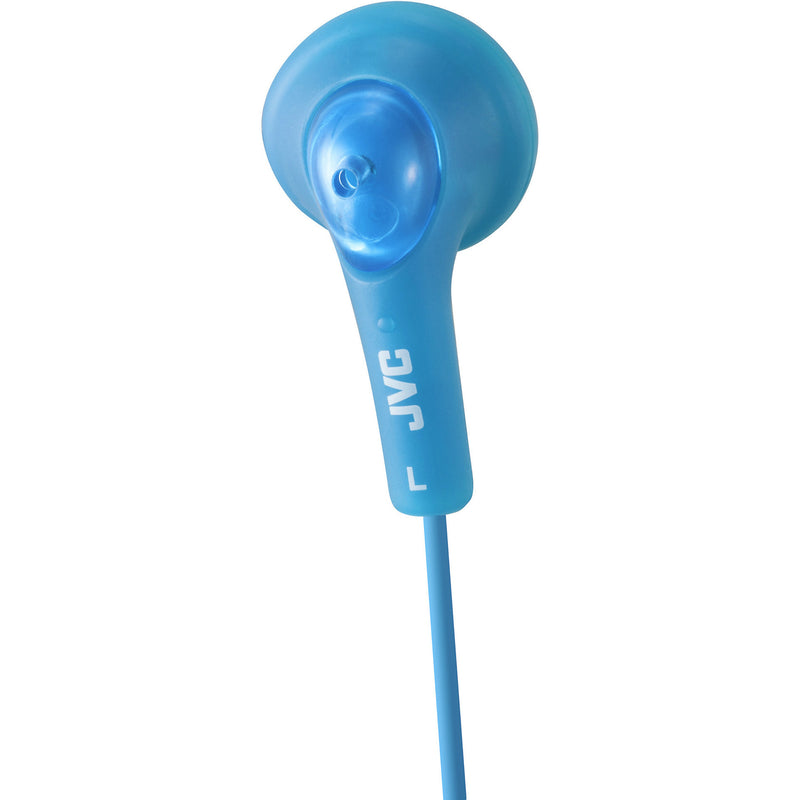 Detailed view of JVC Gumy earbud showing sound port design and JVC branding