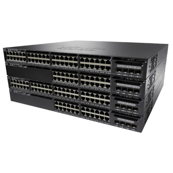 Angled perspective of Cisco Catalyst WS-C3650-48TD switch displaying multiple rows of Ethernet ports and expansion slots