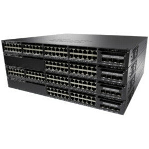 Front view of Cisco Catalyst WS-C3650-48TD Layer 3 switch showing 48 Gigabit Ethernet ports and expansion slots in stacked configuration