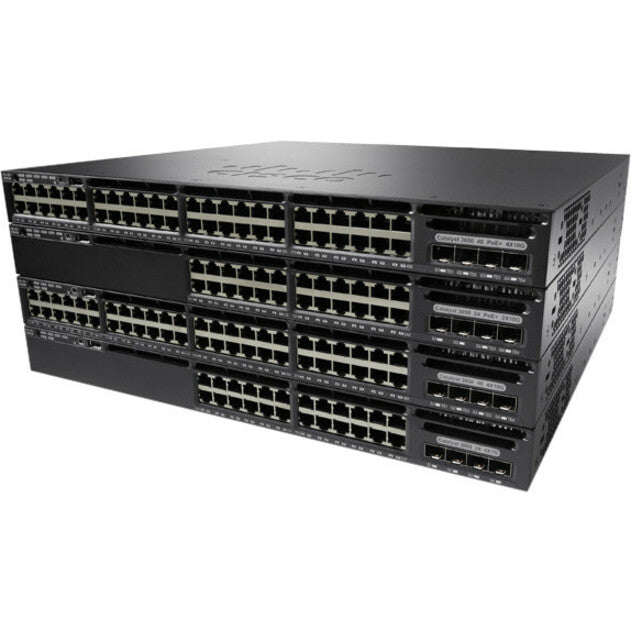 Angled view of Cisco Catalyst WS-C3650-24TD Layer 3 switch displaying port arrangement and robust chassis design