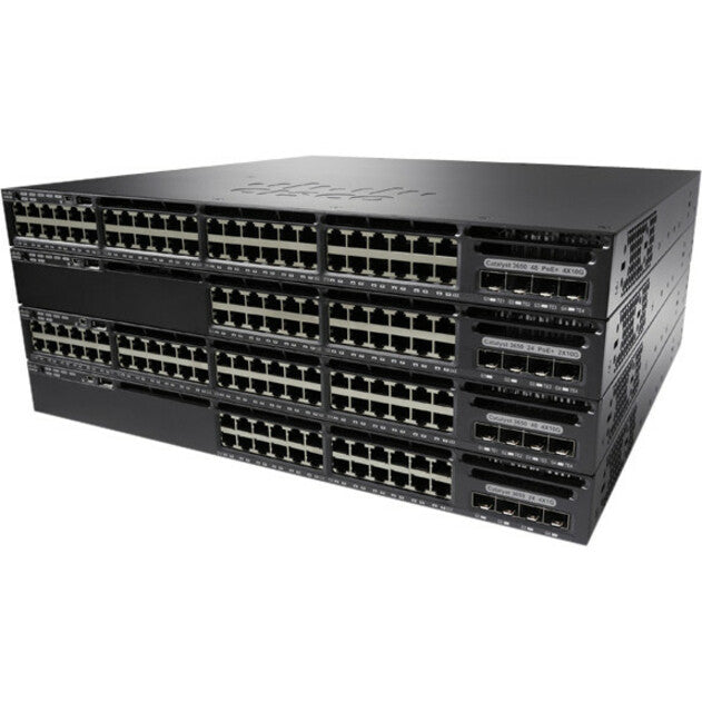 Front view of Cisco Catalyst WS-C3650-24TD Layer 3 switch showing 24 Gigabit Ethernet ports and expansion slots in black chassis