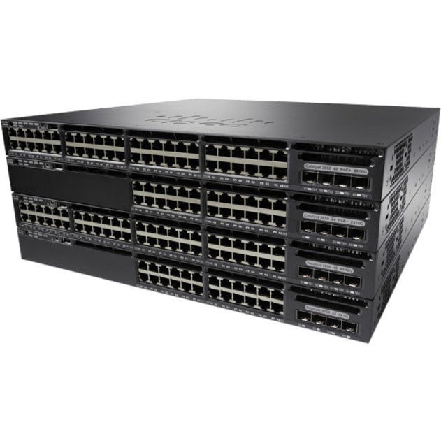 Front view of Cisco Catalyst 3650-48TD stackable enterprise switch showing 48 Gigabit ports and SFP+ uplinks