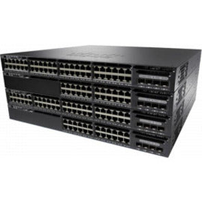 Cisco Catalyst WS-C3650-24PD Layer 3 switch front view showing 24 PoE+ ports and expansion slots in black chassis