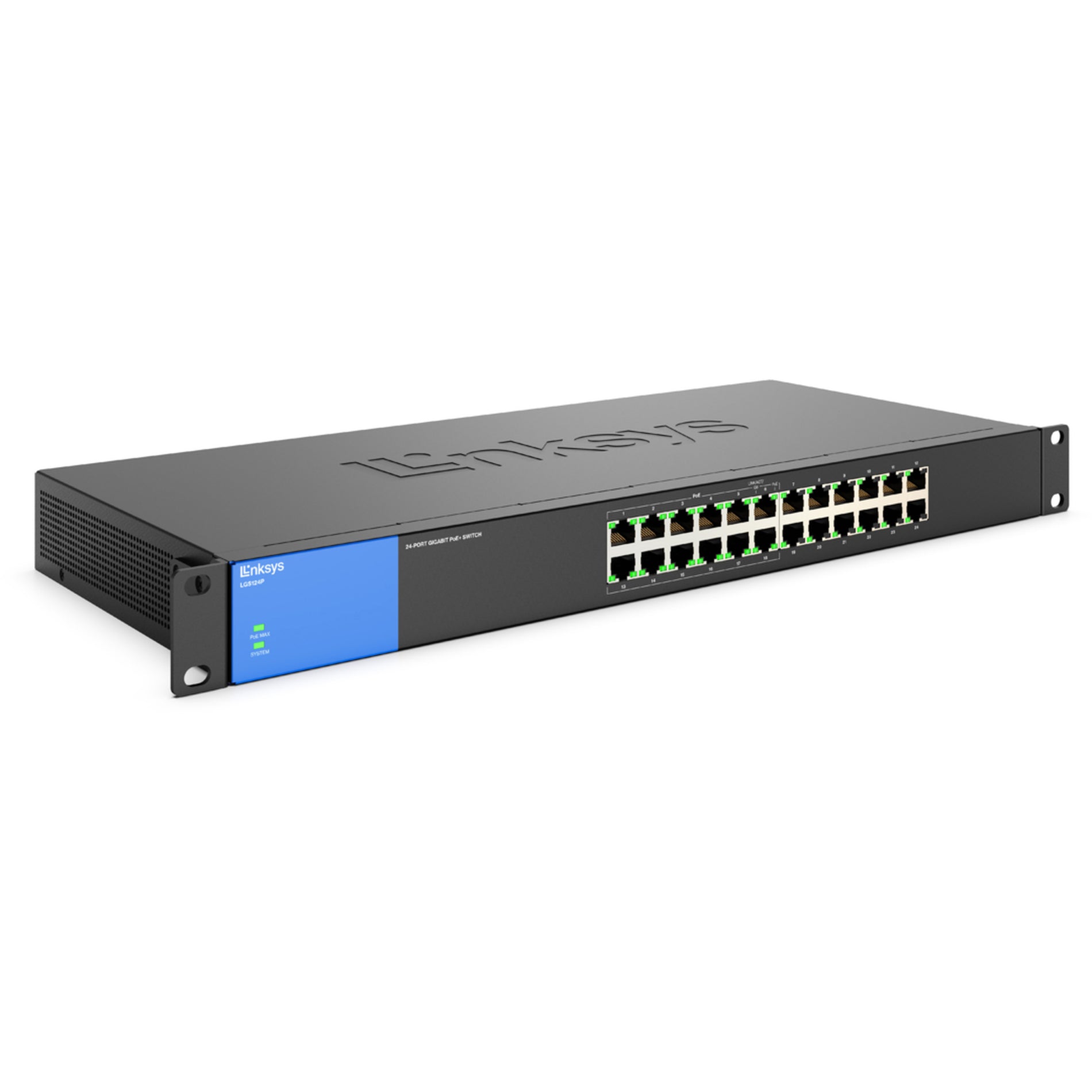 Angled view of Linksys LGS124P switch highlighting port arrangement and status indicators-alternate-image2