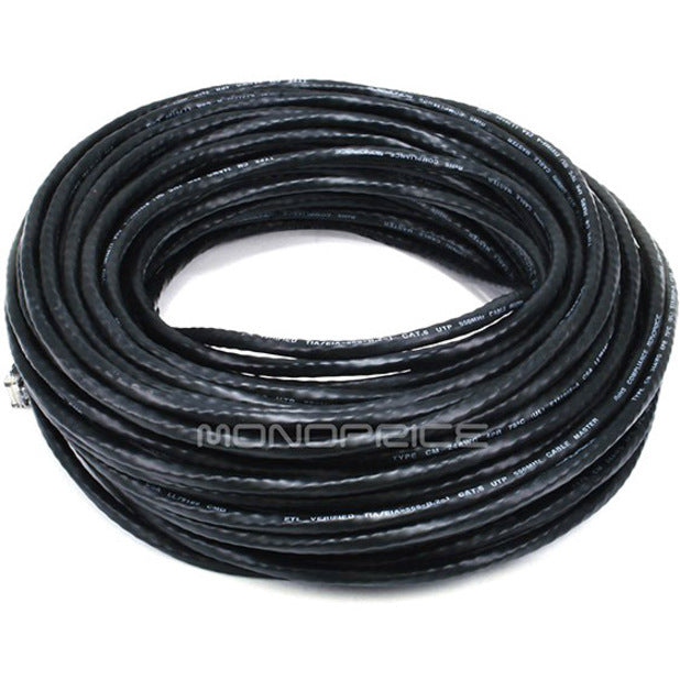 Coiled black Cat6 ethernet cable showing full 100-foot length with Monoprice branding-alternate-image1