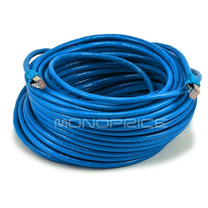 Monoprice 100FT 24AWG Cat6A 500MHz STP Ethernet Bare Copper Network Cable - Blue (5907)