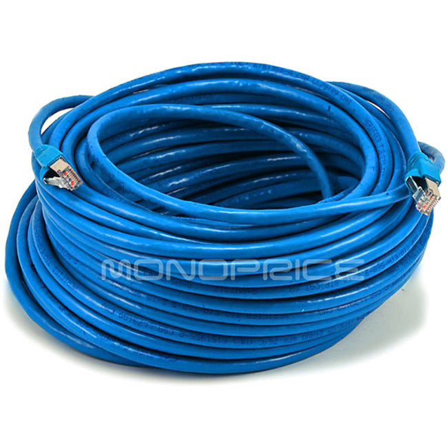 Blue Cat6A shielded ethernet cable coiled showing full 100-foot length-alternate-image1