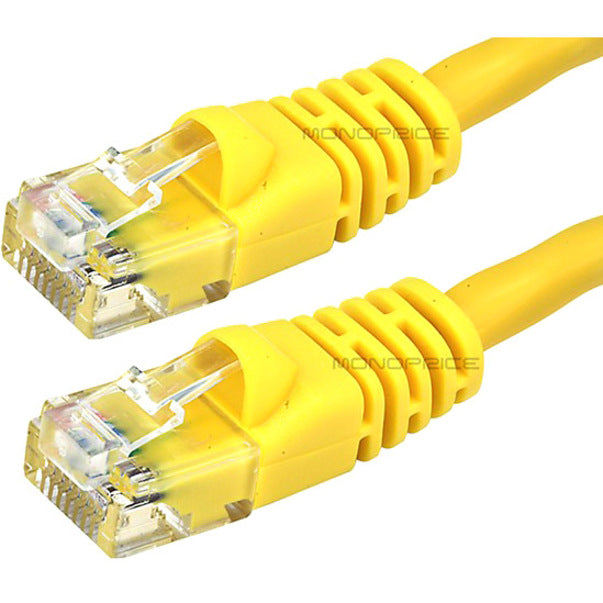 Close-up of yellow Cat6 cable RJ-45 connectors showing gold-plated contacts and strain relief