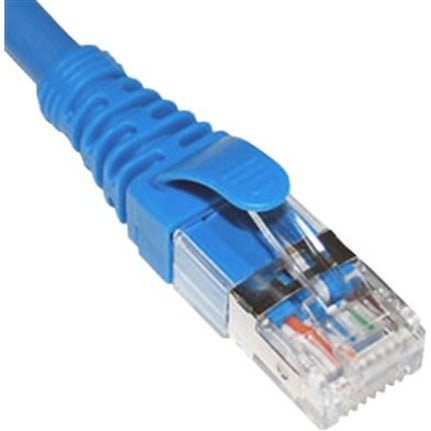 Close-up view of ICC Cat 6a FTP patch cord's blue shielded RJ-45 connector with transparent housing and snagless boot-alternate-image1