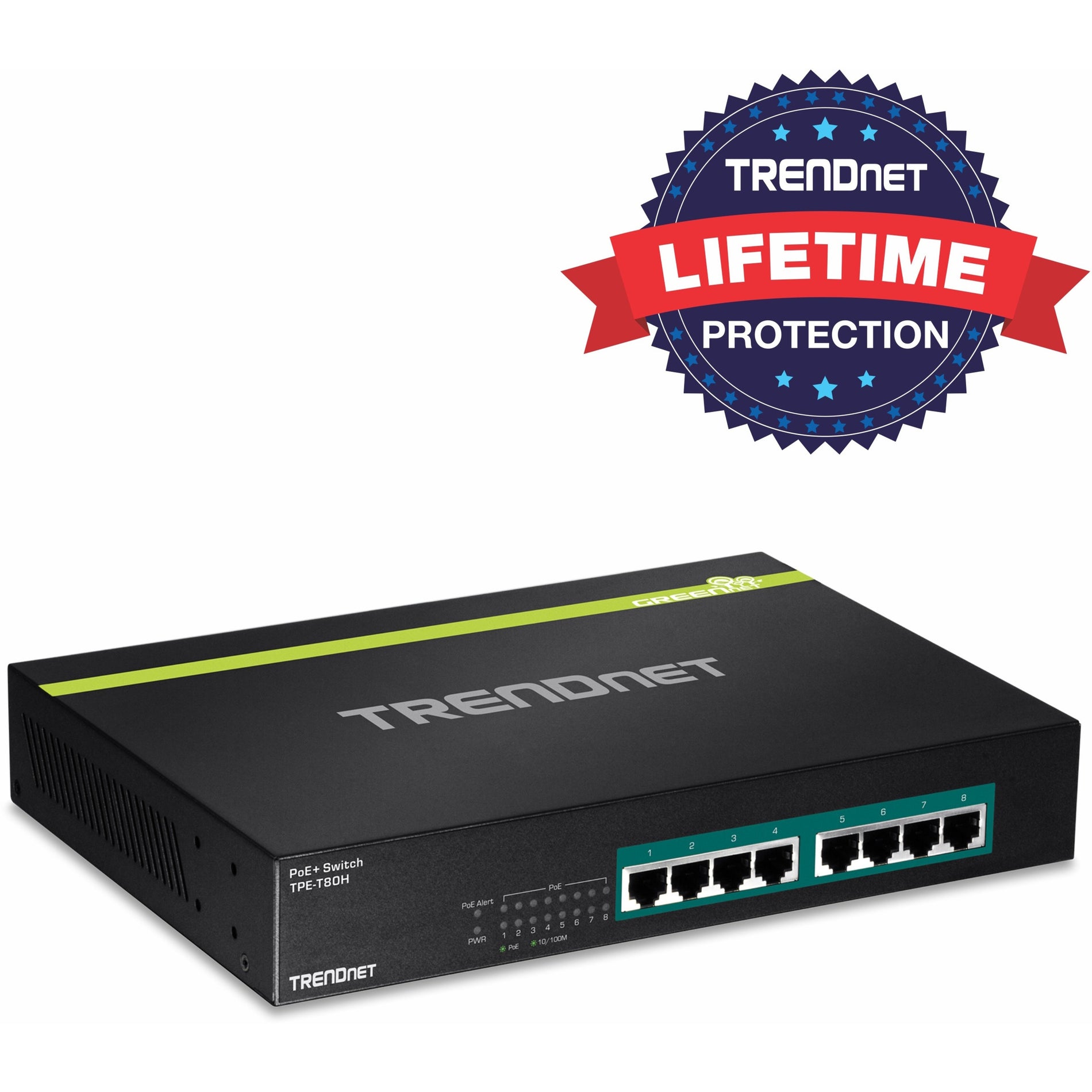 TRENDnet 8-Port 10/100 Mbps GREENnet PoE+ Switch; TPE-T80H; Rack Mountable; 8 x 10/100 Mbps PoE+ Ports; Up to 30 Watts Per Port with 125 W Total Power Budget; Lifetime Protection