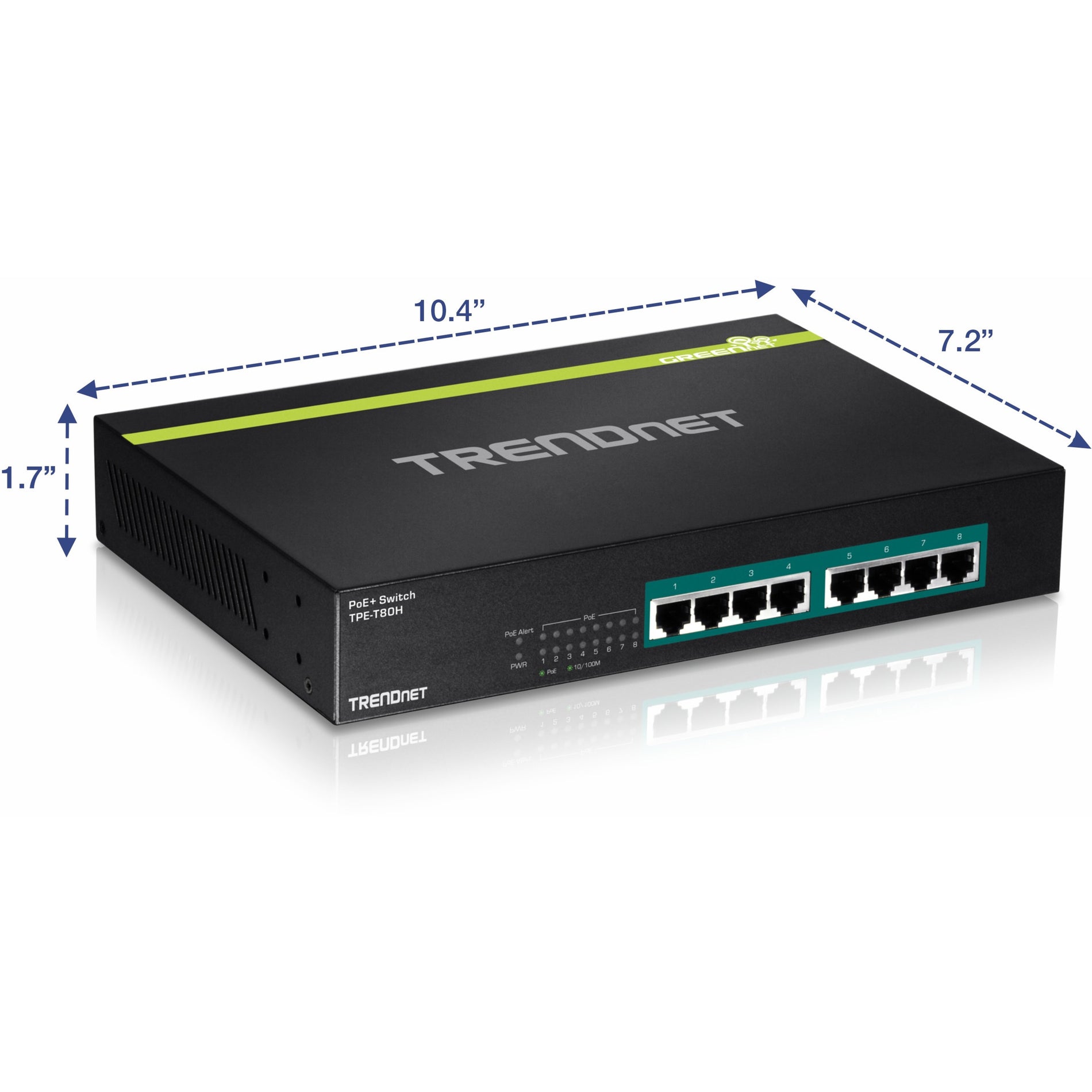 TRENDnet 8-Port 10/100 Mbps GREENnet PoE+ Switch; TPE-T80H; Rack Mountable; 8 x 10/100 Mbps PoE+ Ports; Up to 30 Watts Per Port with 125 W Total Power Budget; Lifetime Protection