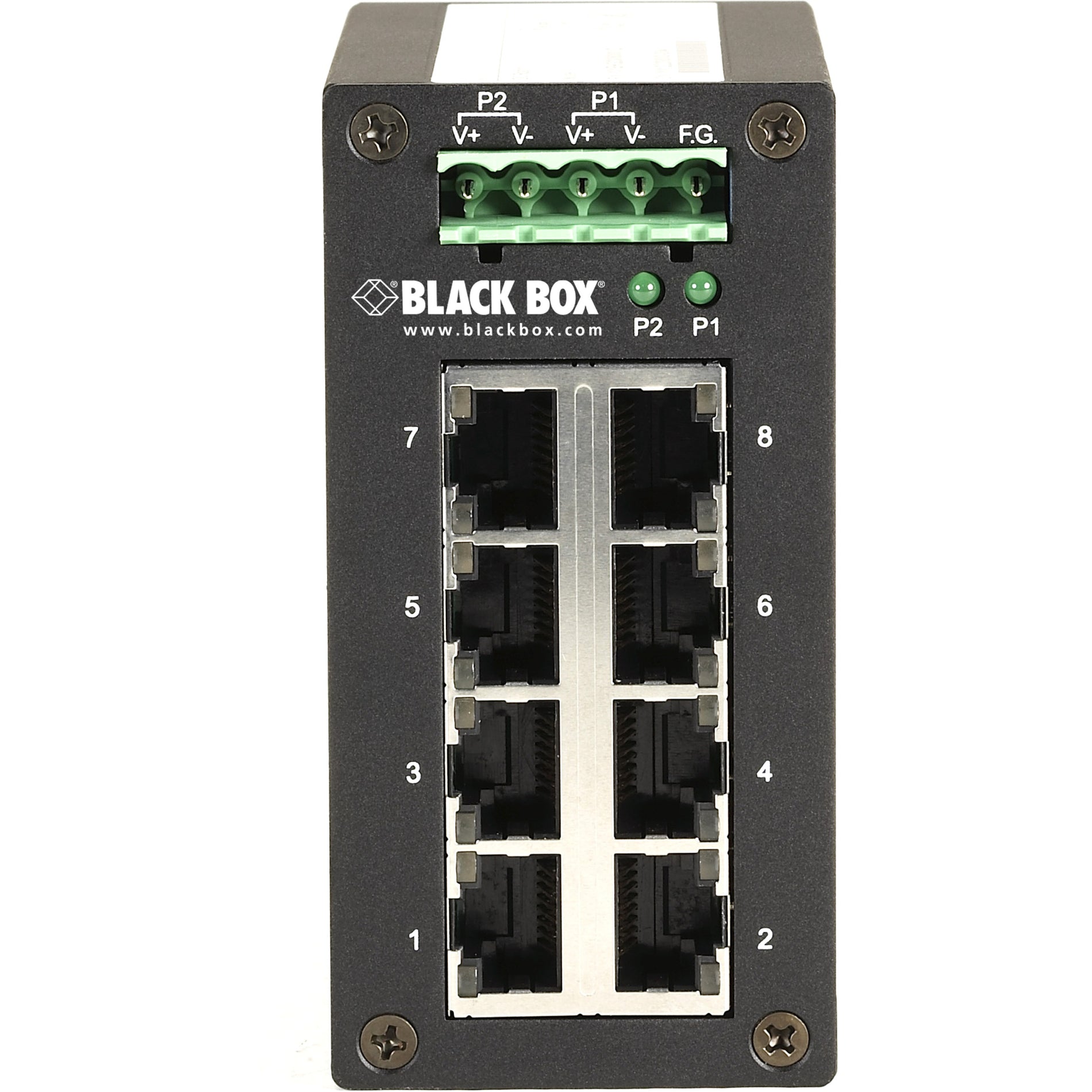 Close-up view of Black Box industrial switch showing eight RJ45 ports and power terminal block-alternate-image2