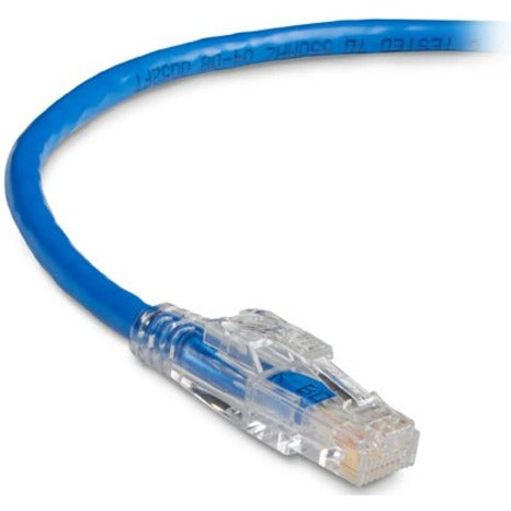 Close-up view of GigaTrue 3 Cat.6 cable's gold-plated RJ-45 connector with blue cable jacket and clear housing-alternate-image1