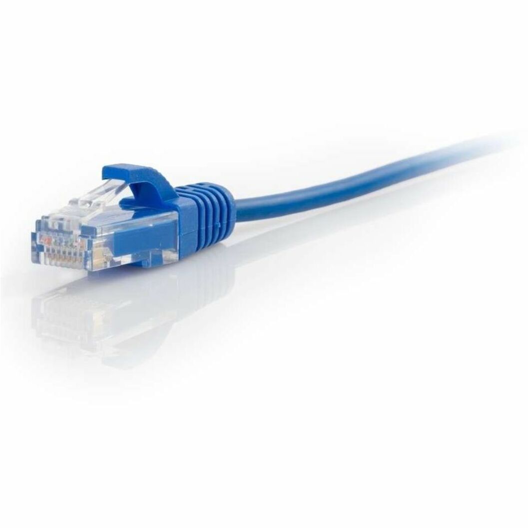 Close-up view of slim blue Cat6 ethernet cable connector with snagless boot and transparent RJ-45 end-alternate-image1