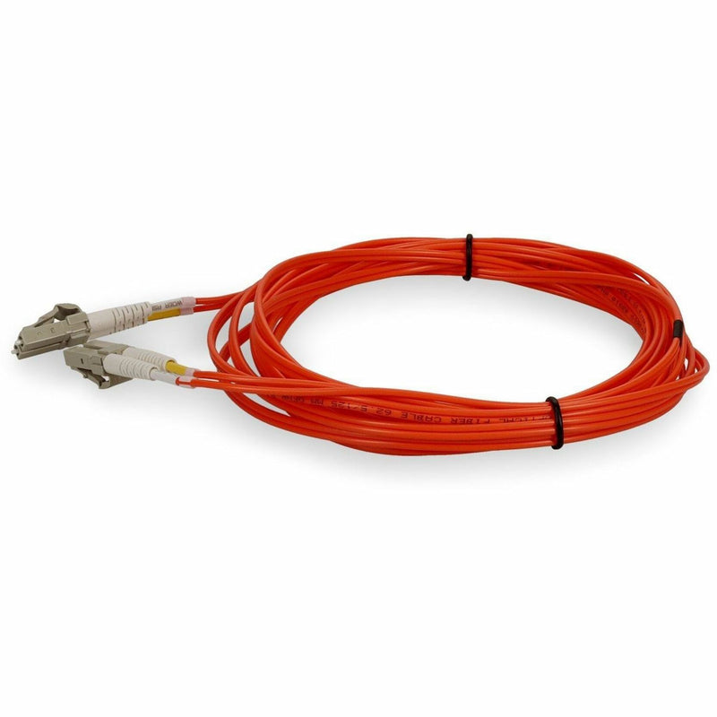 Orange multimode fiber cable with LC connectors displayed horizontally