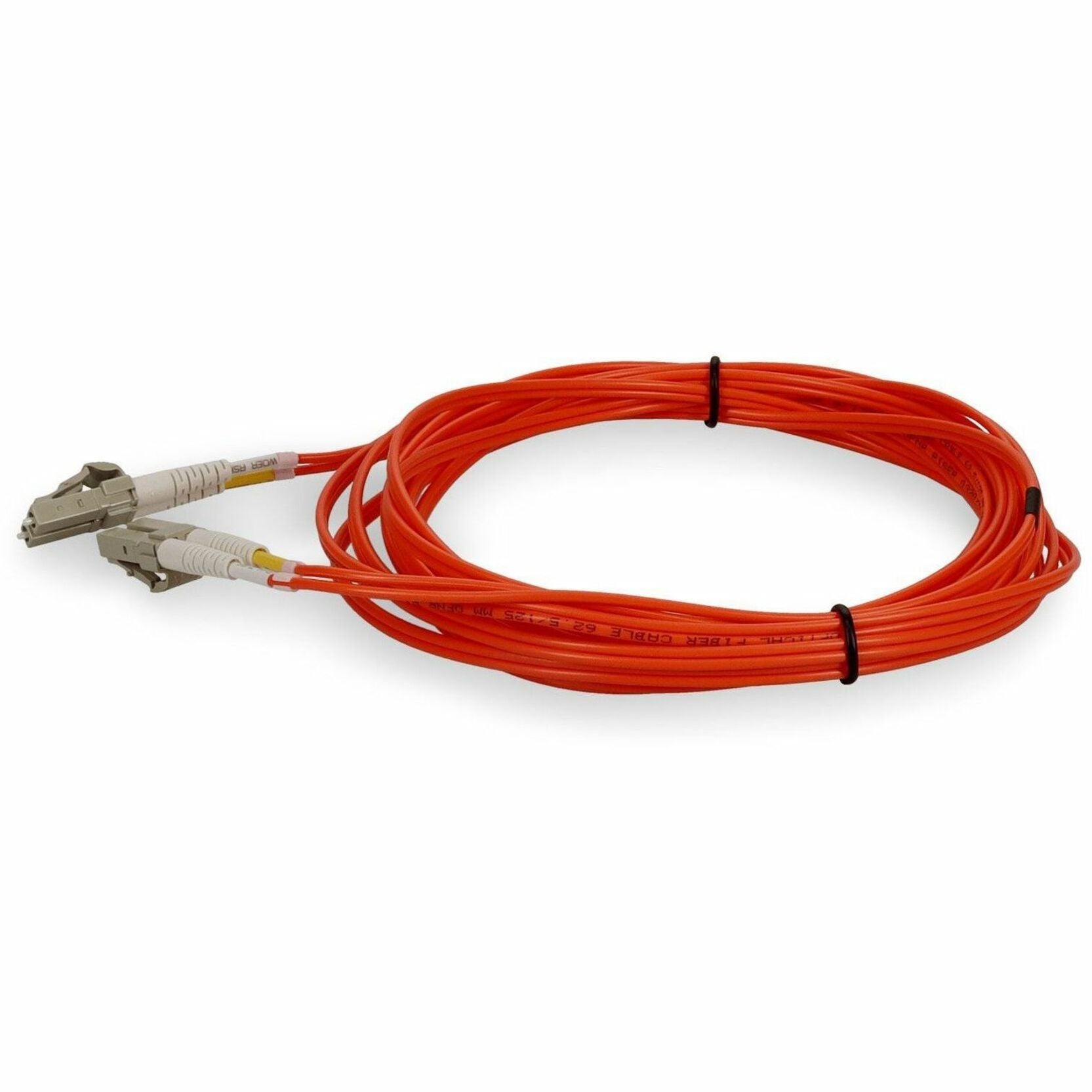 Orange multimode fiber cable with strain relief boots and management clips shown from above-alternate-image2