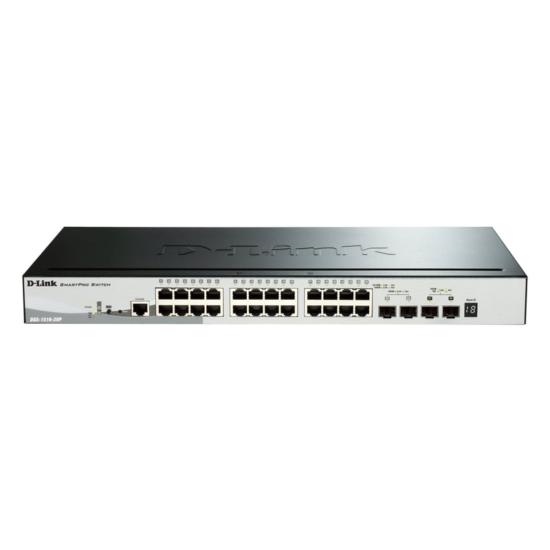 Front view of D-Link SmartPro DGS-1510-28P Ethernet Switch showing 28 Gigabit ports and 4 expansion slots