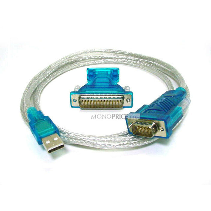 Monoprice USB to DB-9 RS-232 Serial adapter cable with transparent housing and blue connectors, showing both USB and serial ends-alternate-image1