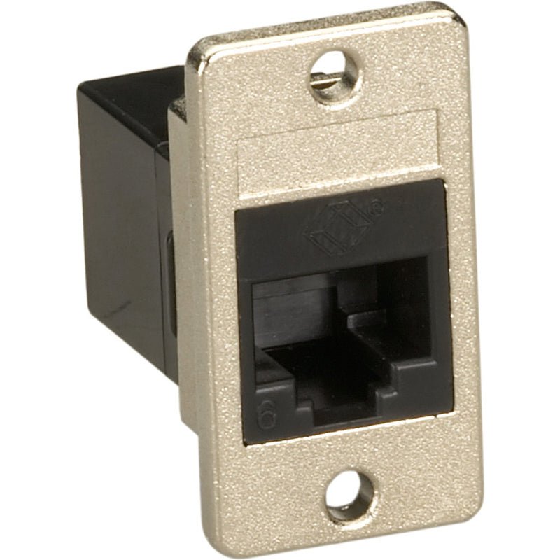 Black Box CAT6 unshielded panel mount coupler with nickel-plated bezel and black RJ-45 port