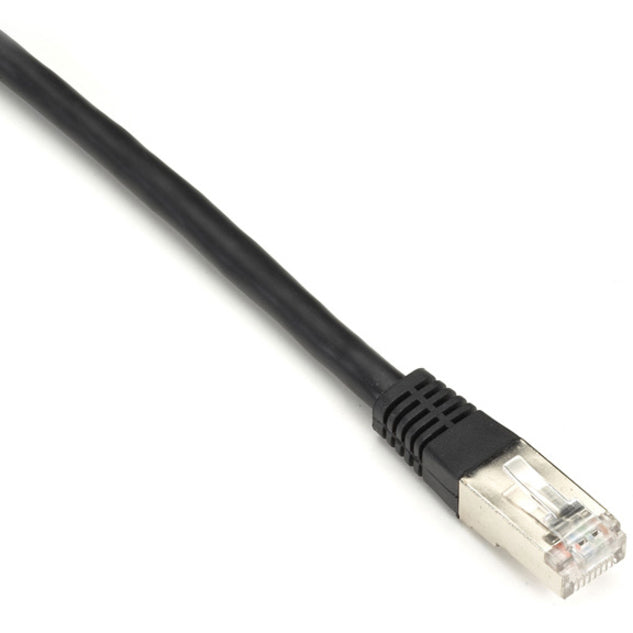 Close-up view of Black Box CAT6 shielded cable's RJ-45 connector with gold-plated contacts and black strain relief boot