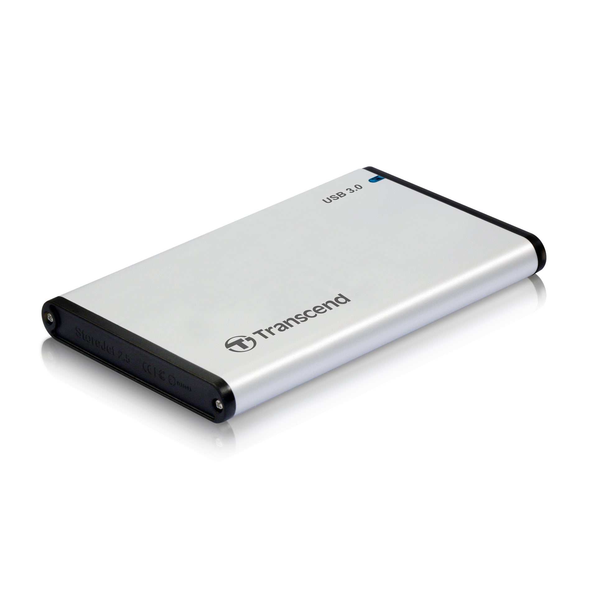 Transcend StoreJet 25S3 silver aluminum external drive enclosure with USB 3.0 interface shown at an angle-alternate-image1