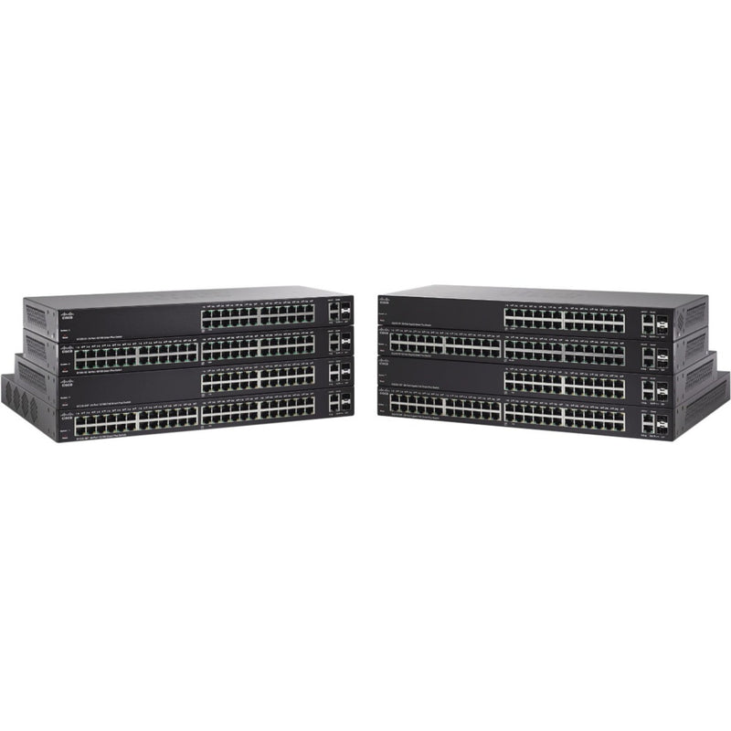 Cisco SG220-50 Smart Plus Switch series showing multiple units stacked displaying 50 Gigabit Ethernet ports and SFP slots