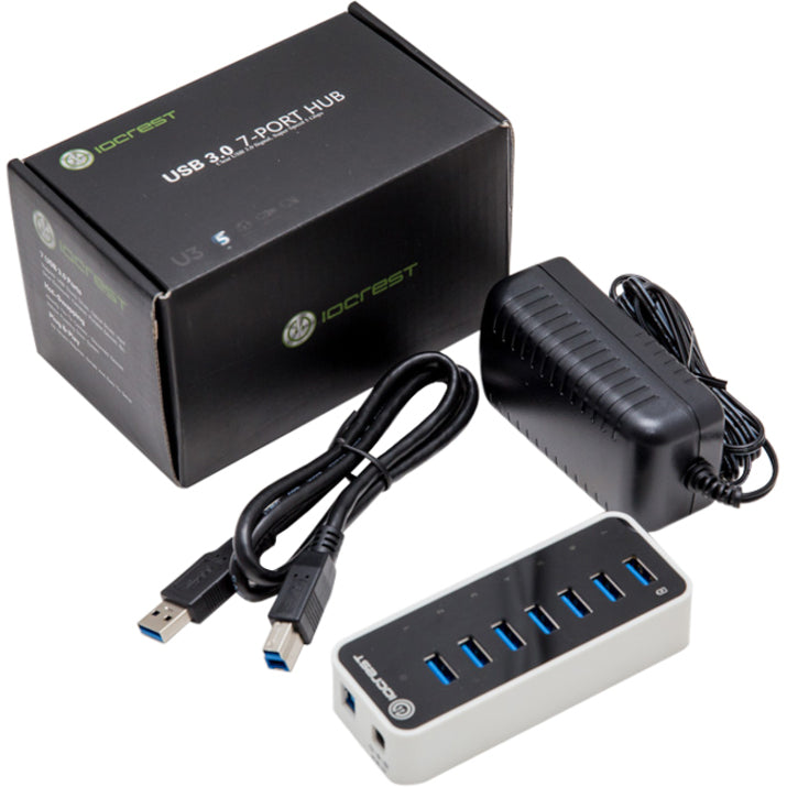 SYBA Multimedia USB 3.0 hub complete package with power adapter, USB cable, and retail box