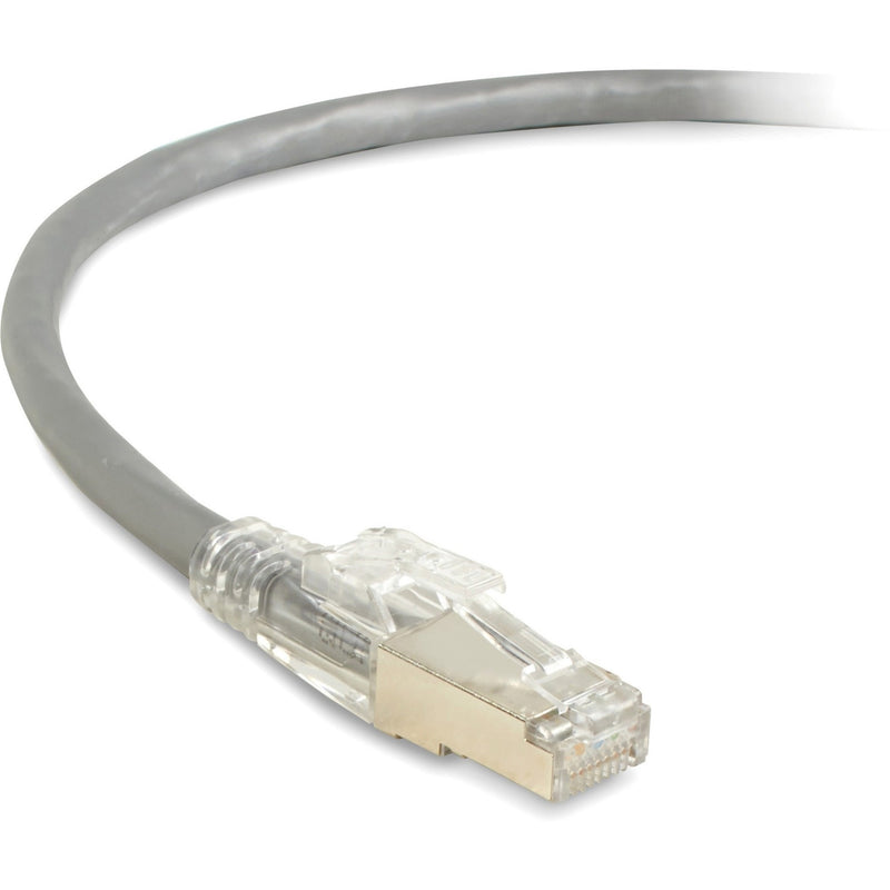 Close-up view of CAT6A cable connector showing shielded RJ-45 termination and snagless boot design