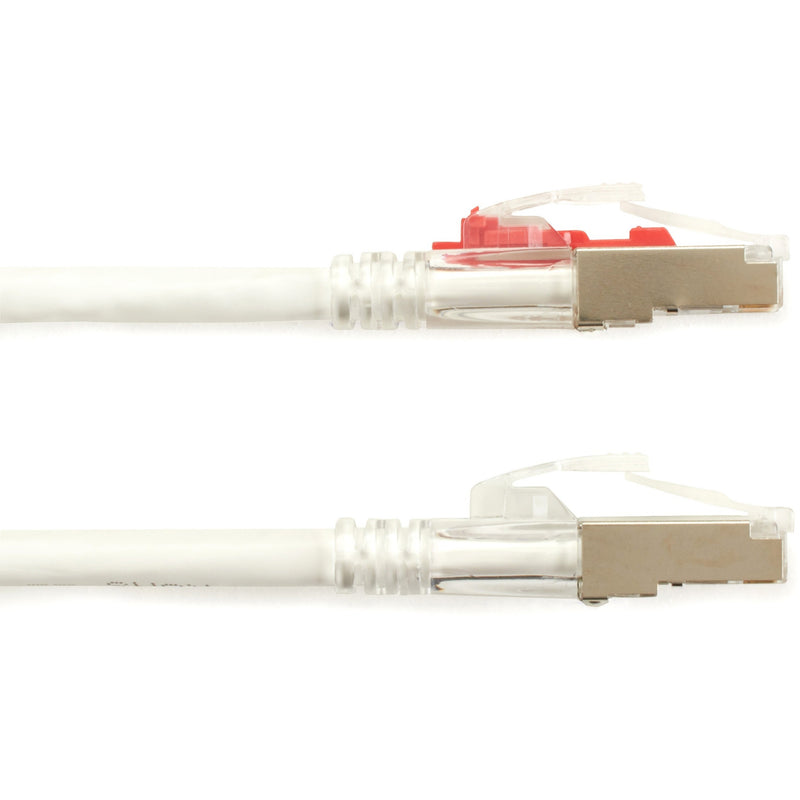 Close-up macro shot of CAT6A connector showing detailed view of security locking mechanism