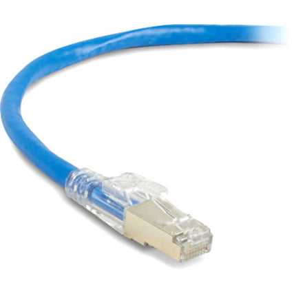 Close-up view of GigaTrue 3 Cat.6 cable's RJ-45 connector with gold-plated contacts and blue cable jacket-alternate-image2