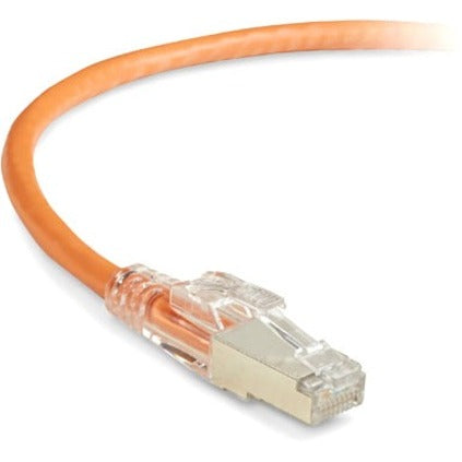 Close-up view of GigaTrue 3 Cat.6 cable's gold-plated RJ-45 connector with orange cable jacket-alternate-image1