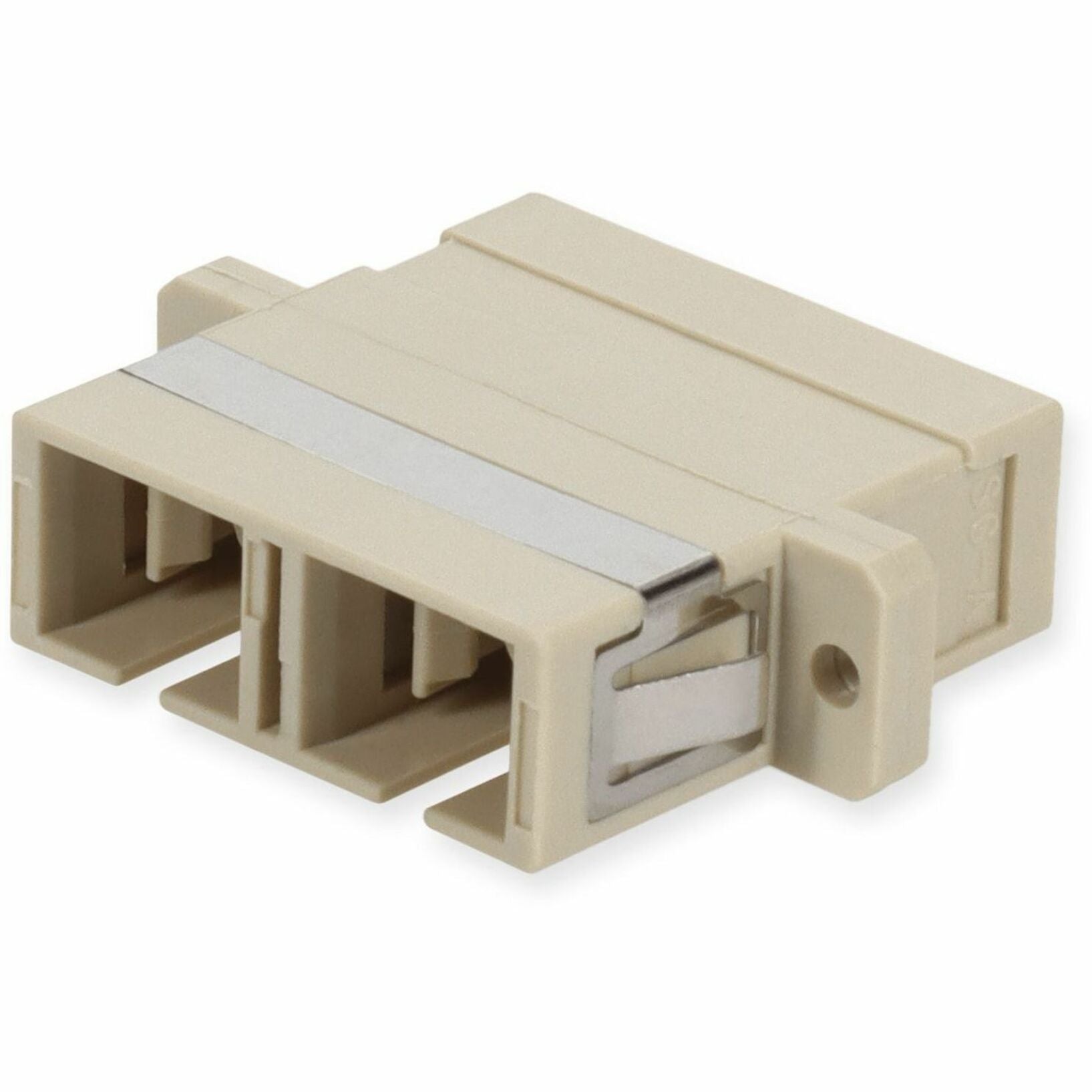 Front view of beige SC duplex fiber optic adapter with metal retention clip-alternate-image1