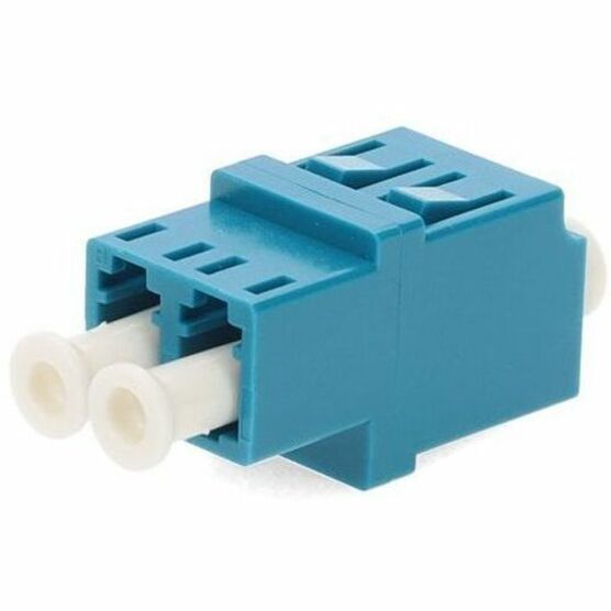 Front view of aqua blue LC duplex fiber optic adapter with white ceramic sleeves-alternate-image1