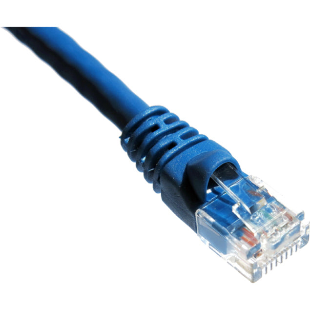 Detailed view of Cat5e cable connector showing molded strain relief boot and RJ-45 termination