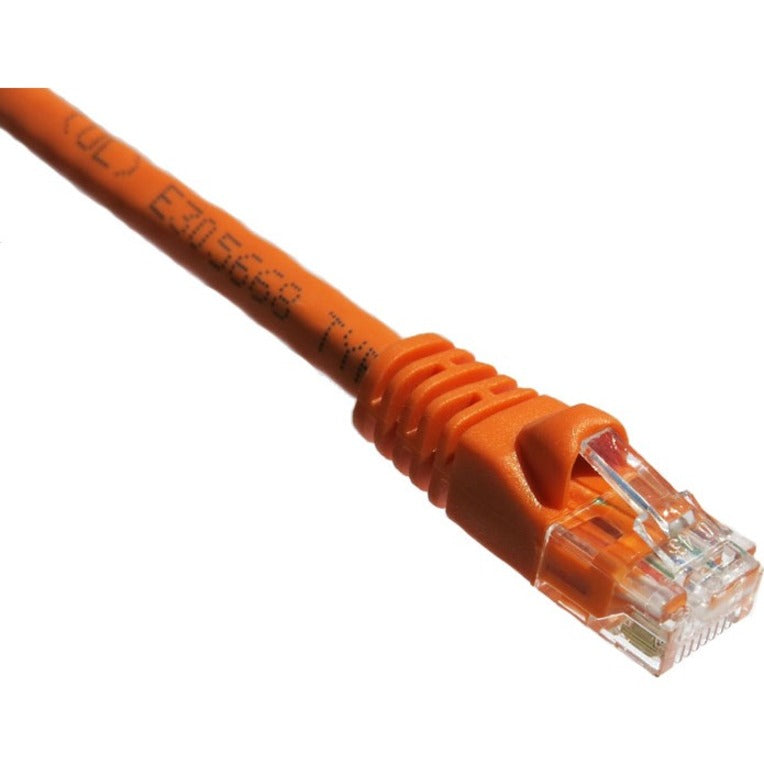 Close-up view of orange Cat5e ethernet cable's RJ-45 connector with gold-plated pins and strain relief boot-alternate-image1