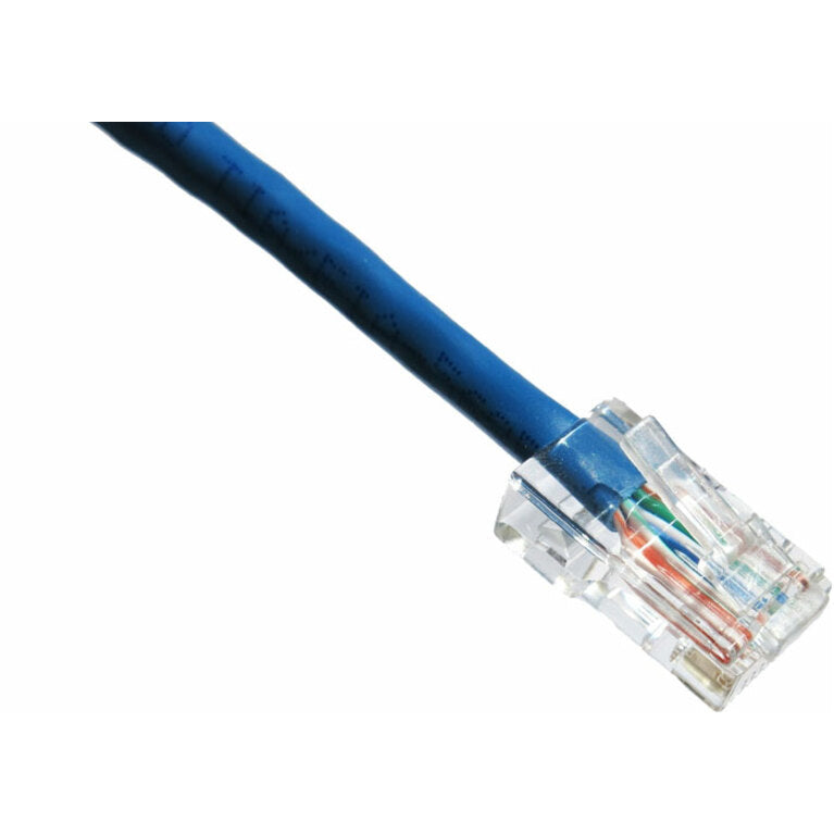 Close-up view of Axiom CAT6 blue network cable with transparent RJ-45 connector showing internal wiring-alternate-image1