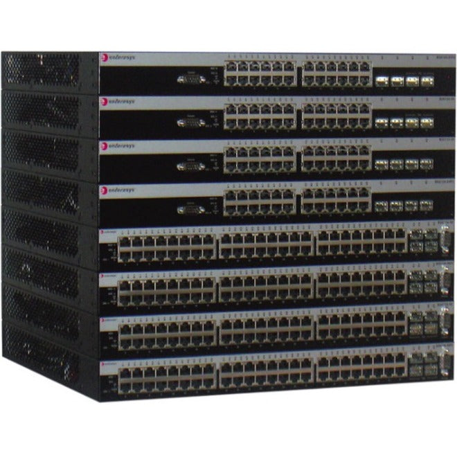 Front view of multiple stacked Extreme Networks B5K125-48P2 switches showing 48 Gigabit Ethernet ports and expansion slots