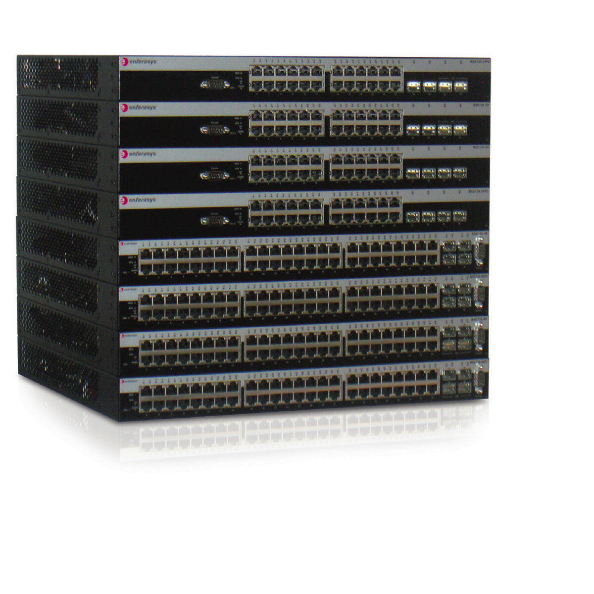 Angled view of stacked Extreme Networks B5K125-48P2 switches with reflection showing port density and build quality-alternate-image2