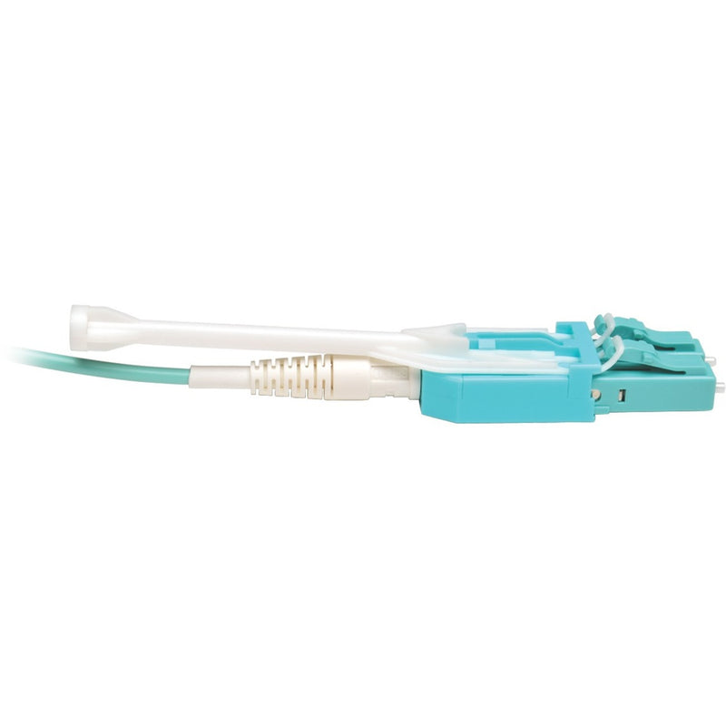 Side view of Tripp Lite OM3 fiber patch cable showing uniboot connector design and strain relief