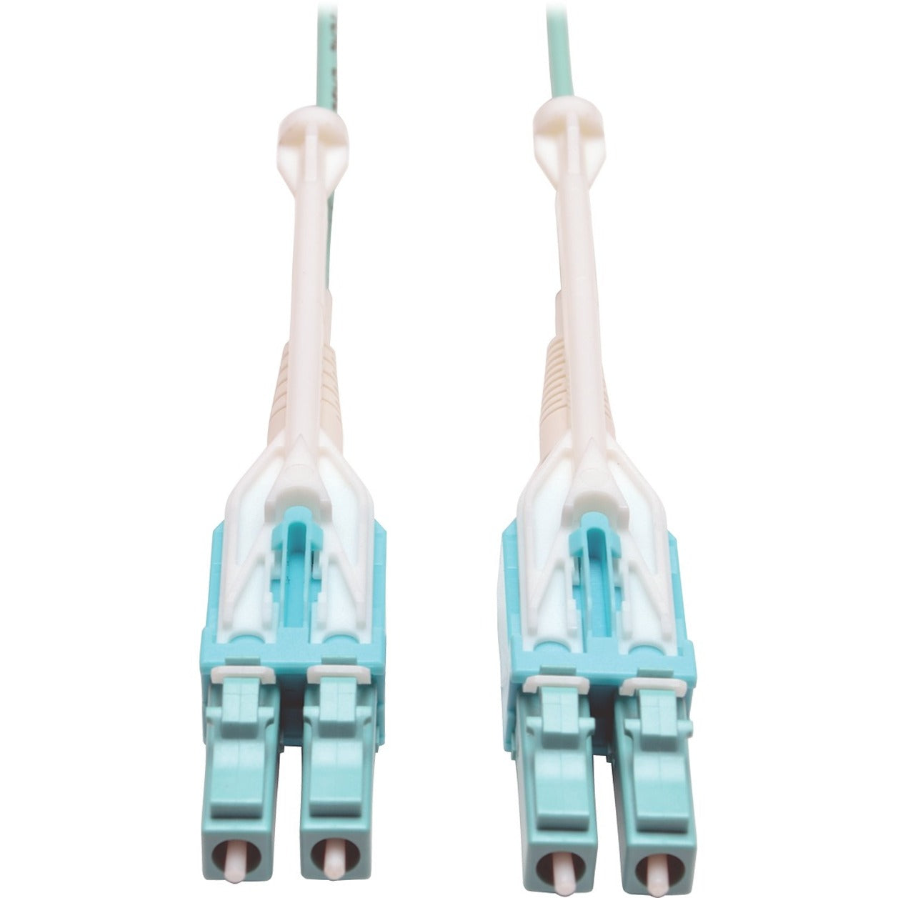 Close-up view of dual LC connectors with push/pull tabs on Tripp Lite OM3 fiber optic cable-alternate-image1