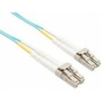 30-meter multimode fiber optic cable with LC connectors on both ends, featuring an aqua jacket and dual terminations