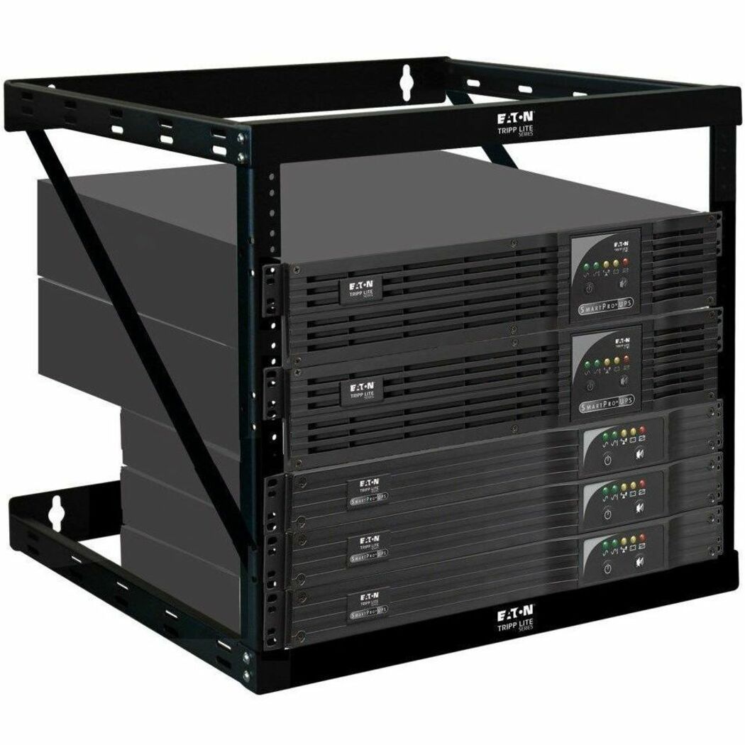 Tripp Lite wall-mount rack loaded with multiple UPS units showing practical equipment installation and accessibility-alternate-image2