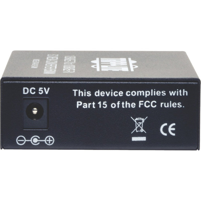 Close-up of Tripp Lite media converter showing regulatory compliance markings