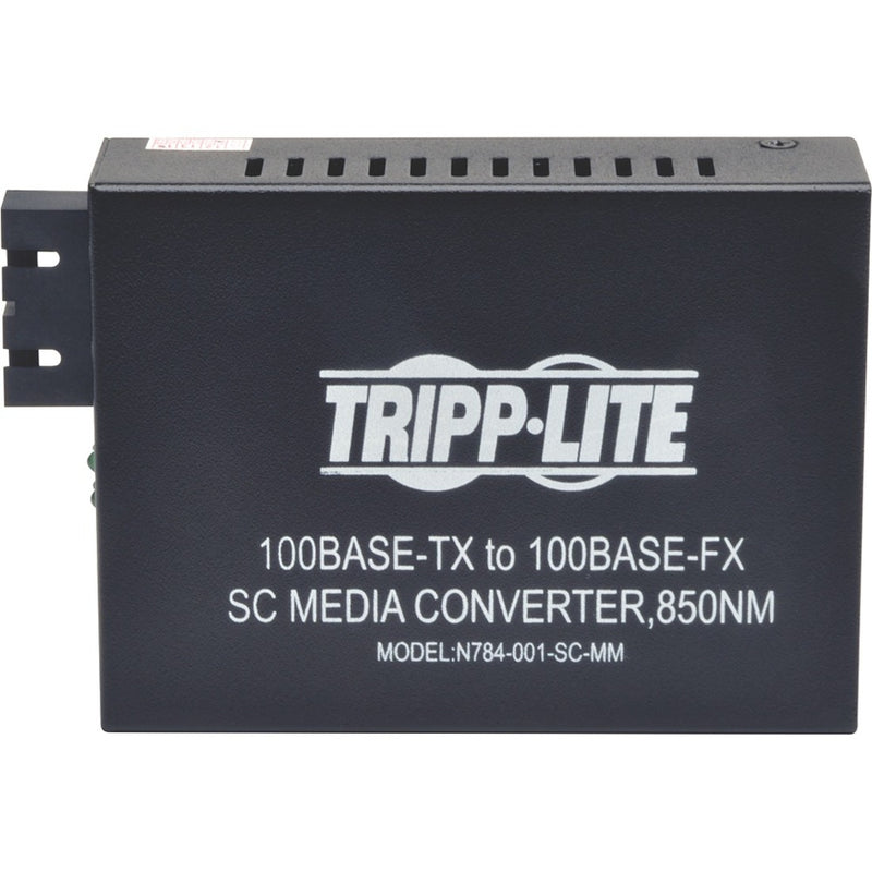 Front view of Tripp Lite media converter showing model information and specifications