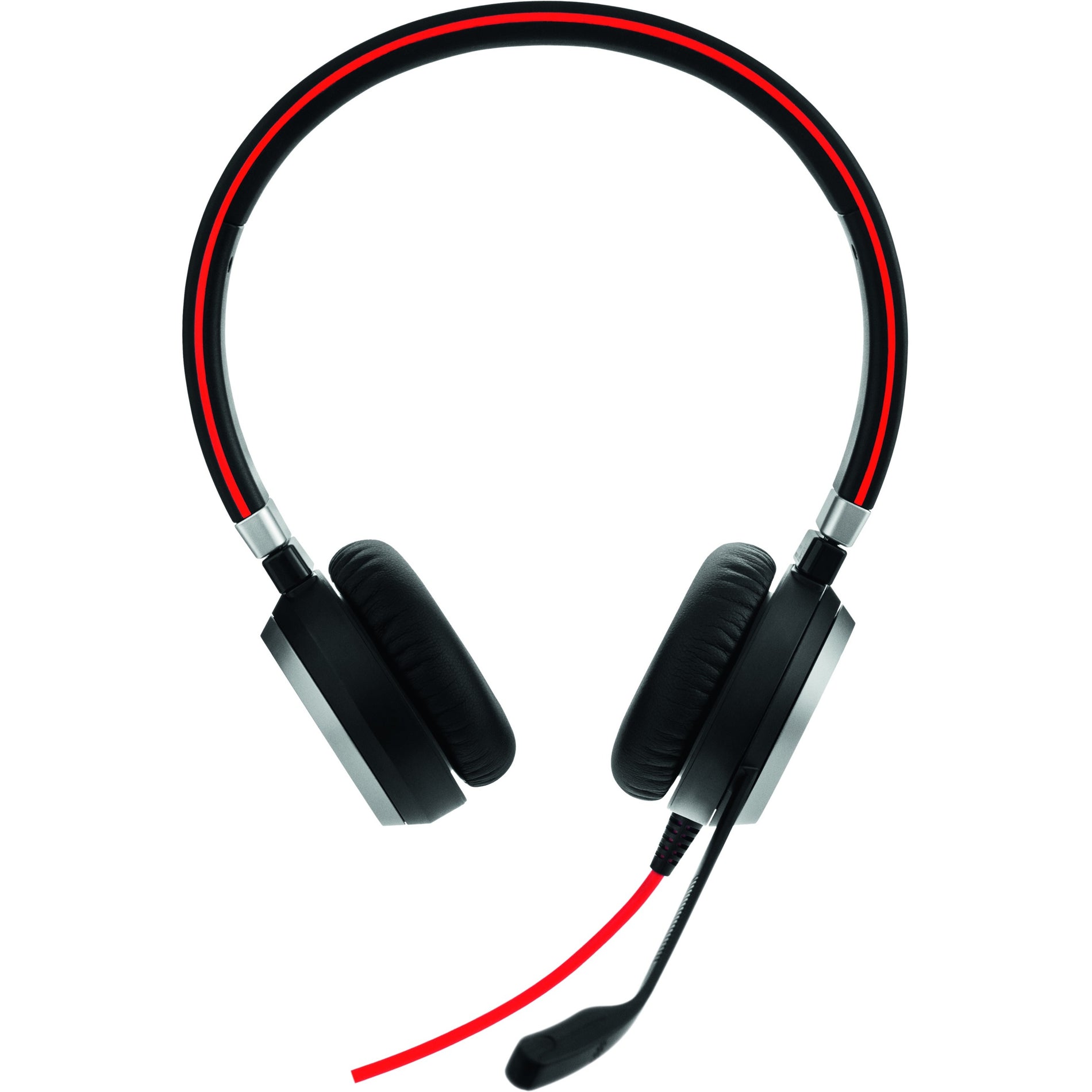 Jabra Evolve 40 UC Stereo headset front view showing stereo speakers and boom microphone with red accent cable-alternate-image1