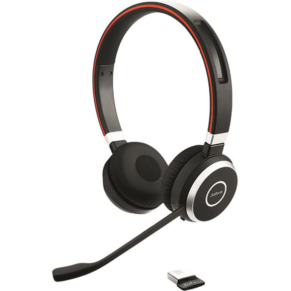 Jabra Evolve 65 UC Stereo wireless headset with boom microphone and USB adapter shown from side angle-alternate-image1