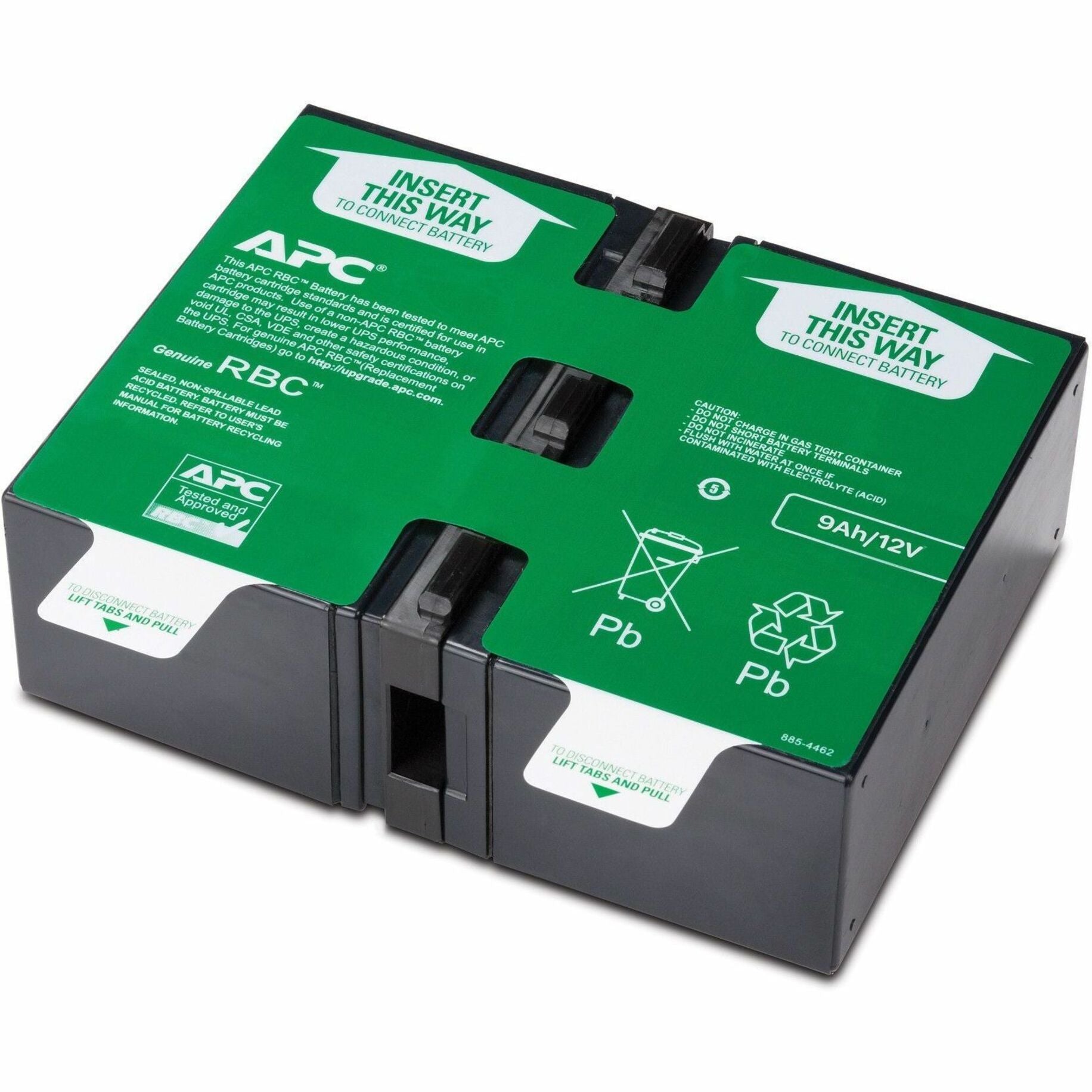 APC RBC130 replacement battery cartridge showing green top panel with installation instructions and recycling symbols-alternate-image1