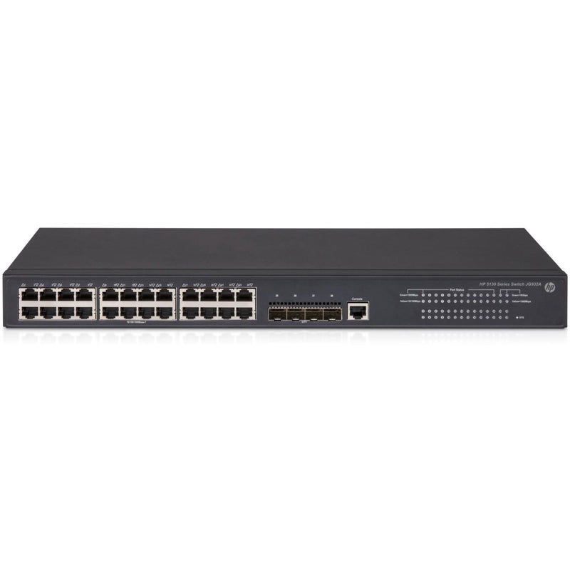 Front view of HPE 5130-24G-4SFP+ EI Switch showing 24 Gigabit Ethernet ports, 4 SFP+ ports, and status LED indicators